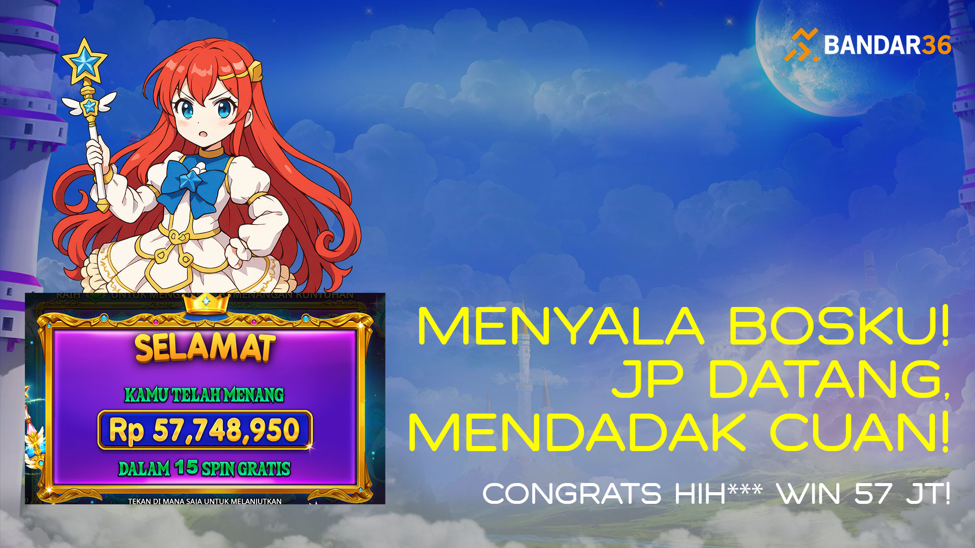 User ID HIH*** menang main Starlight Princess 1000 di Bandar36 dan meraih JP 57 juta