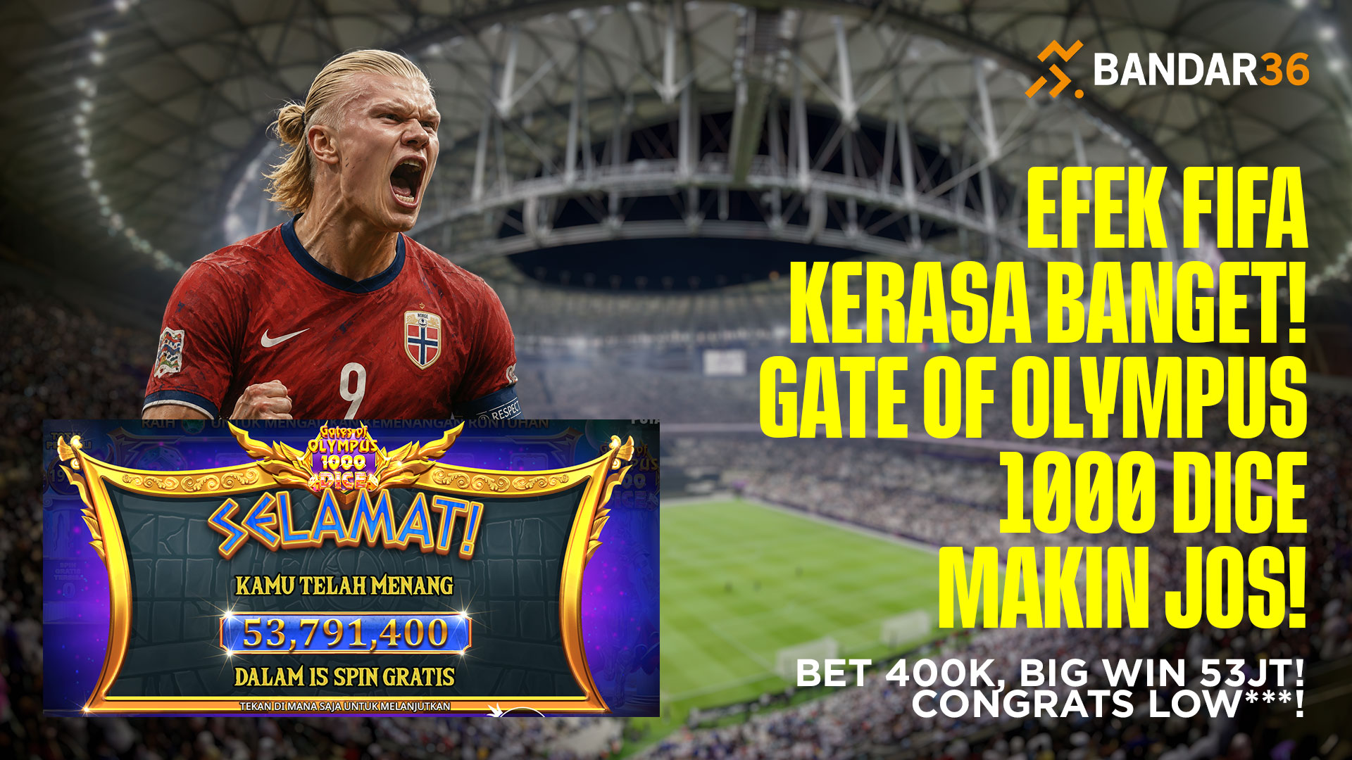 Kemenangan Slot di BANDAR36 sebesar Rp53 juta dari Gate of Olympus 1000 Dice dengan bet Rp400 ribu.