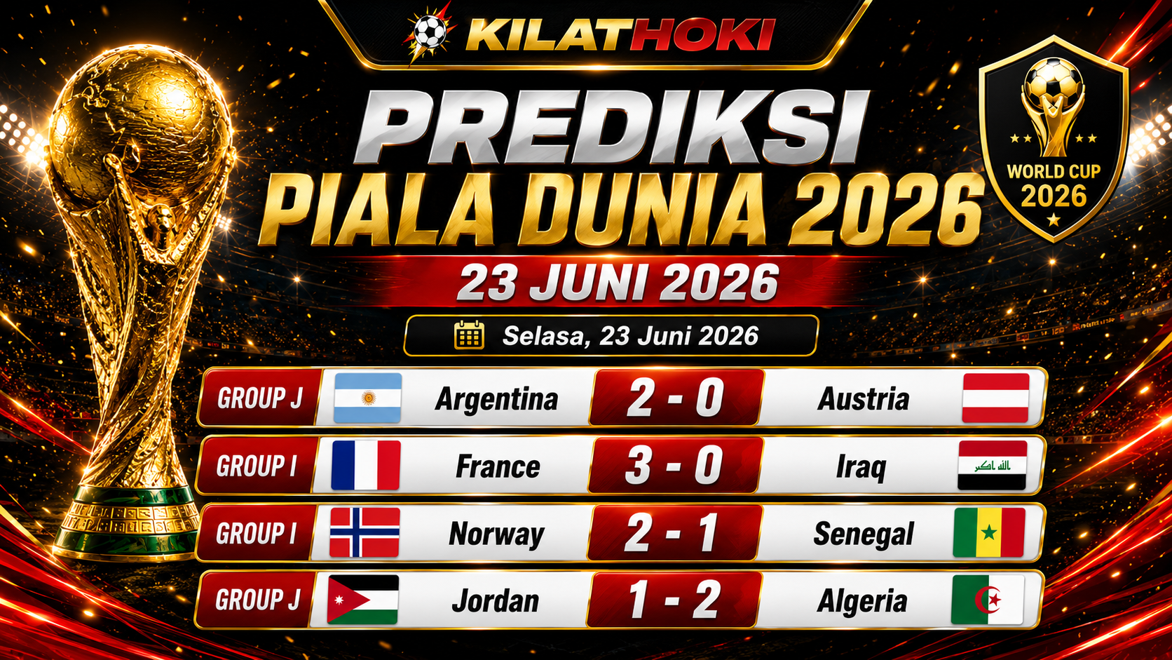 Prediksi Skor Piala Dunia 2026 tanggal 23 Juni untuk Argentina vs Austria, France vs Iraq, Norway vs Senegal, dan Jordan vs Algeria