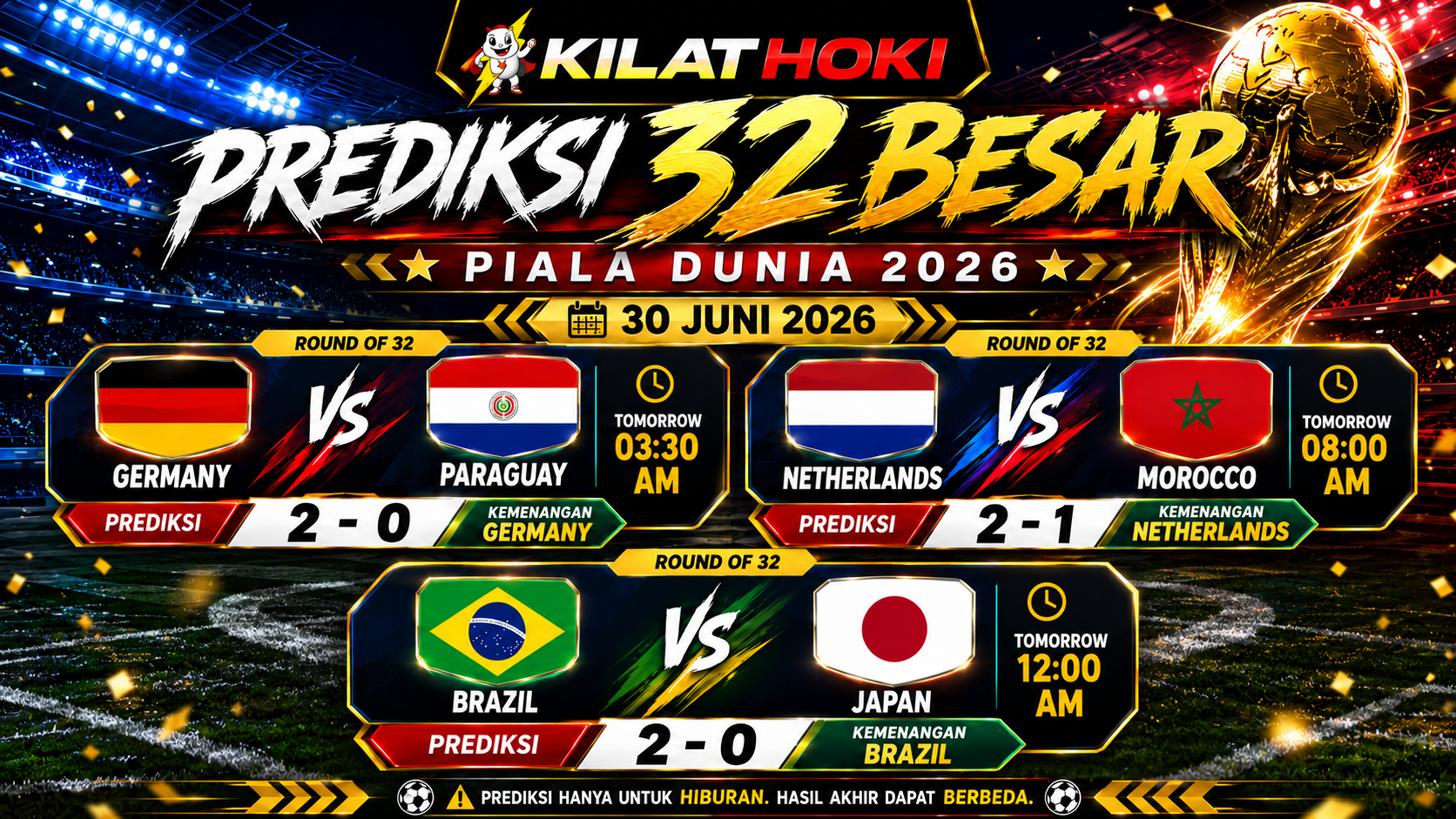 Prediksi 32 Besar 2026 Piala Dunia tanggal 30 Juni menampilkan Jerman vs Paraguay, Belanda vs Maroko, dan Brasil vs Jepang