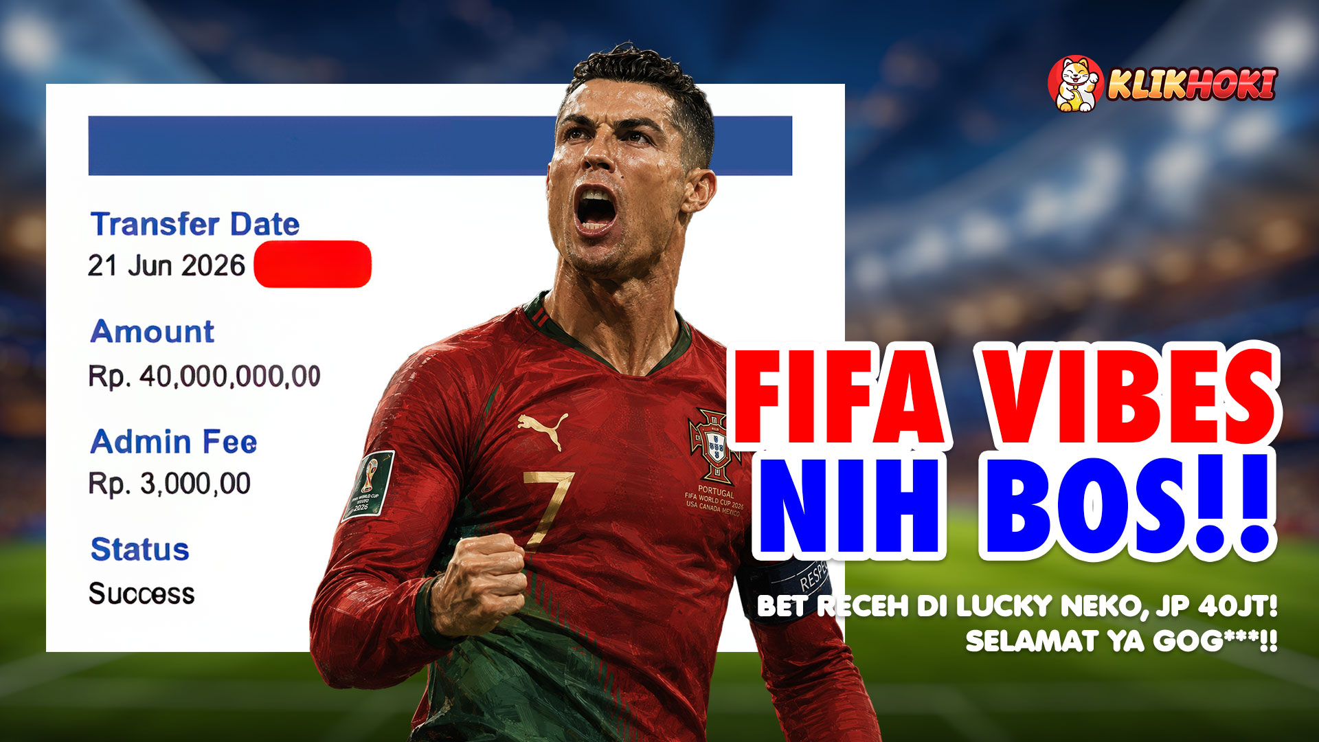 Member KLIKHOKI User ID GOG*** menang setelah bermain Lucky Neko dan berhasil menarik Rp40 juta saat Piala Dunia 2026