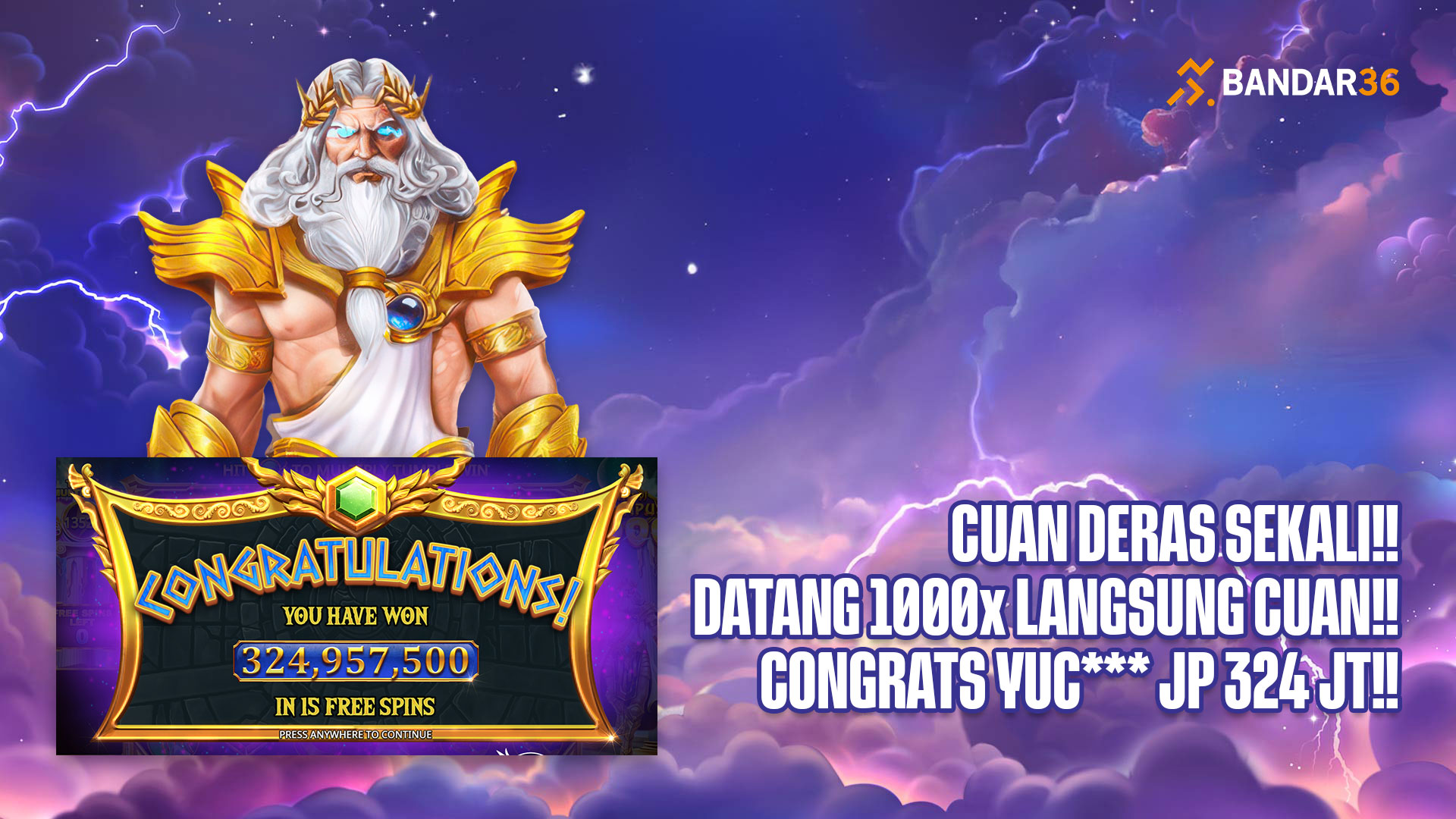 Kisah jackpot Olympus 1000 YUG**** menang Rp324 juta di BANDAR36