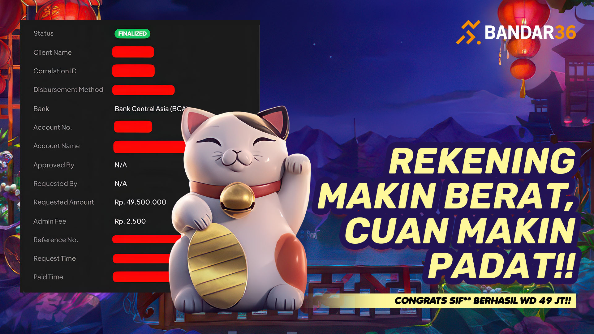 Pencairan Fantastis Lucky Neko di BANDAR36 oleh SIF** dengan nominal penarikan Rp49.500.000 berstatus Finalized