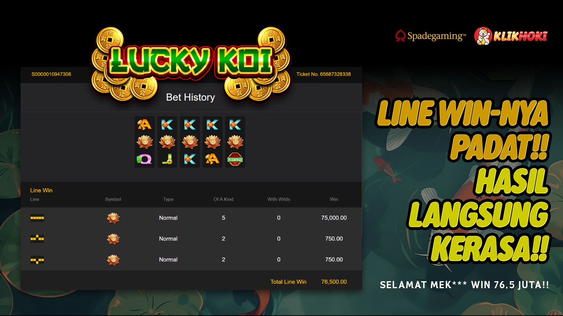 Lima Teratai Berbuah Jutaan, kemenangan MEK*** Rp76,5 juta lewat Lucky Koi Spadegaming di KLIKHOKI