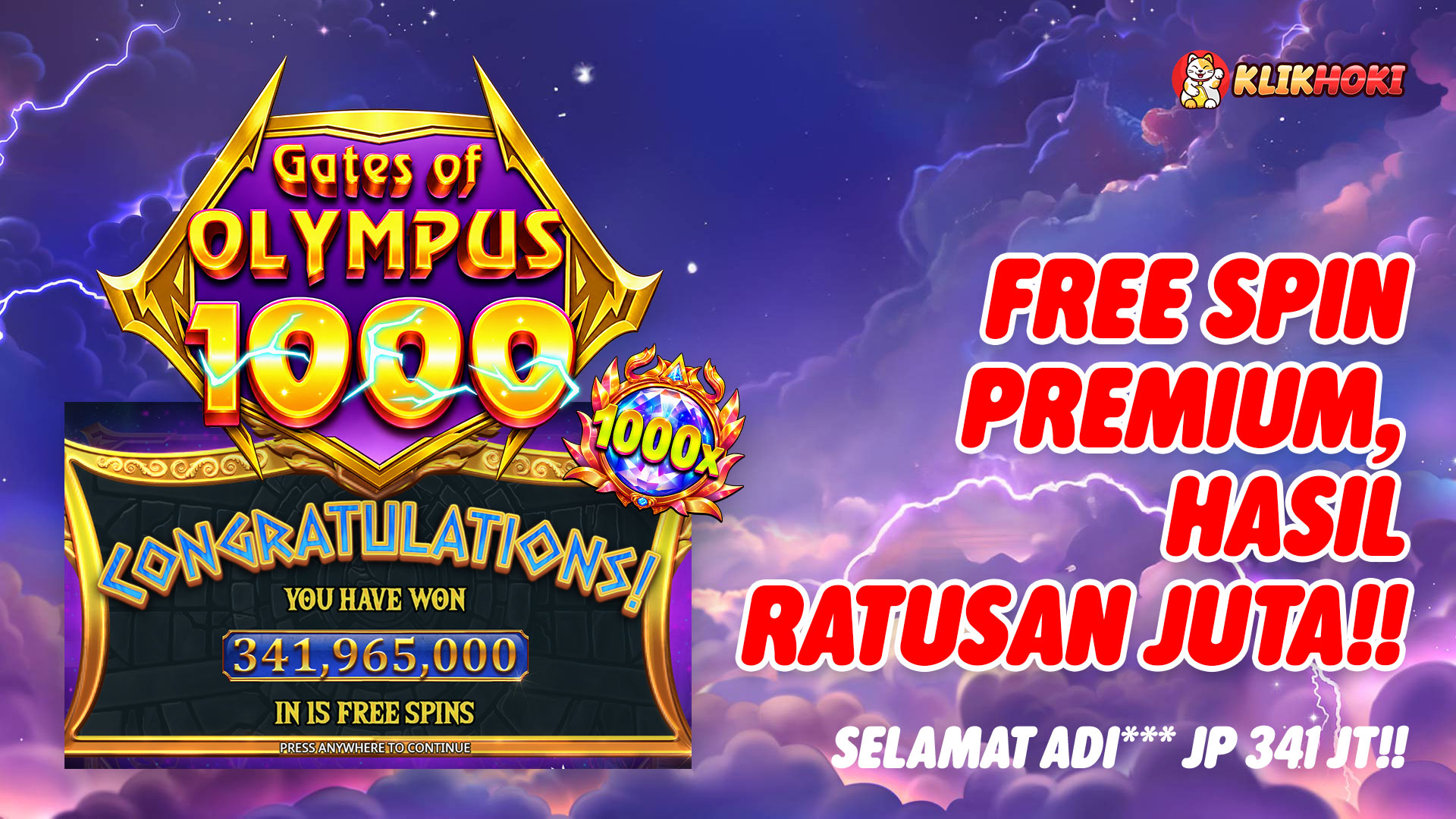 Ledakan Kemenangan Zeus KLIKHOKI oleh ADI*** senilai Rp341.965.000 dalam 15 free spins Gates of Olympus 1000